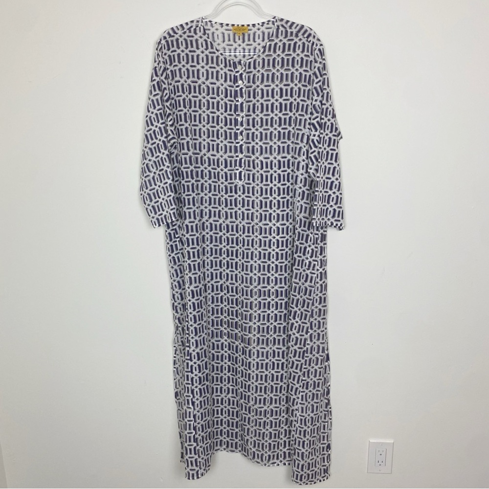 Roberta Roller Rabbit Gray and White Cotton Cover Up Kaftan Maxi Dress XL - Picture 2 of 13